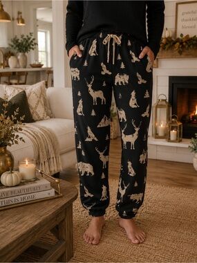 Womens Black Woodland Animal Bamboo Joggers